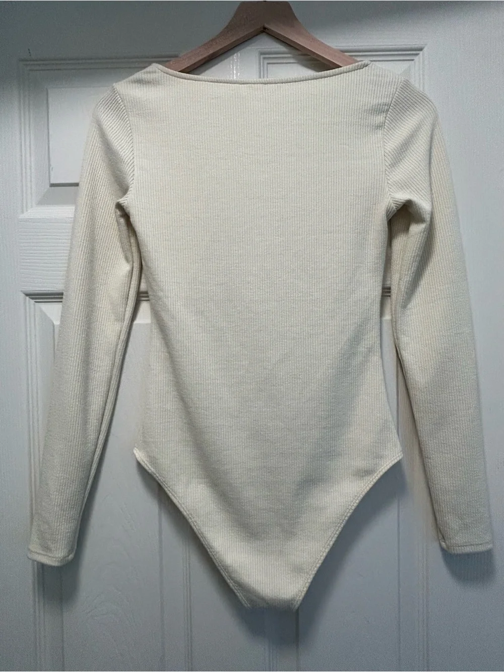 H&M Cream Ribbed Long-Sleeve Bow-Front Bodysuit Minimalist Coquette Size Small